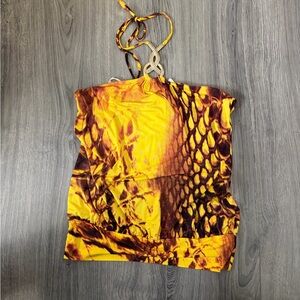 Vintage Yellow Snake-Print Halter Tank Top with a gold design